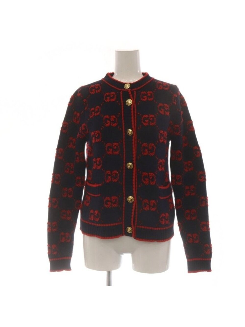 Gucci GG Wool Boucle Jacquard Cardigan Knit Logo Buttons Navy Red XS